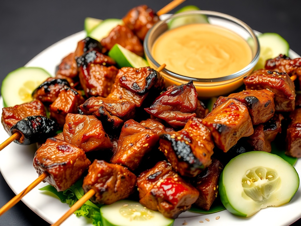 Grilled Beef Satay Skewers with Peanut Sauce Grilled beef satay skewers served with peanut sauce and cucumber on a wooden platter.